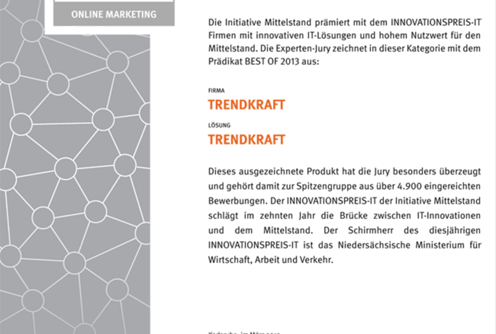 TRENDKRAFT erhält INNOVATIONSPREIS-IT 2013 der Initiative Mittelstand