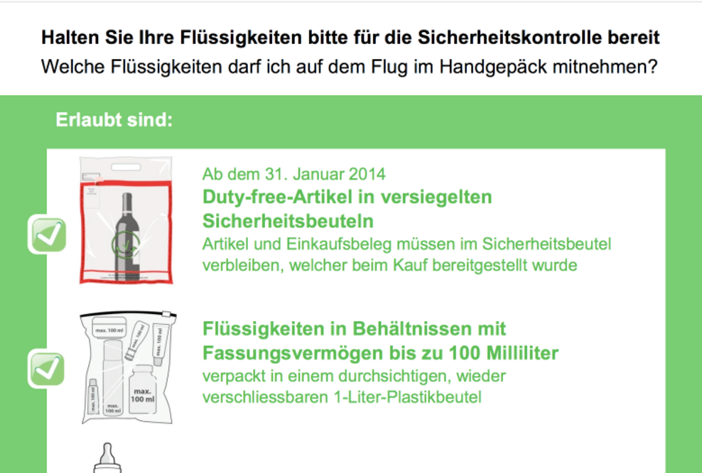 Ge­än­der­te Re­ge­lun­gen für die Mit­nah­me von Flüs­sig­kei­ten im Hand­ge­päck auf Flug­rei­sen