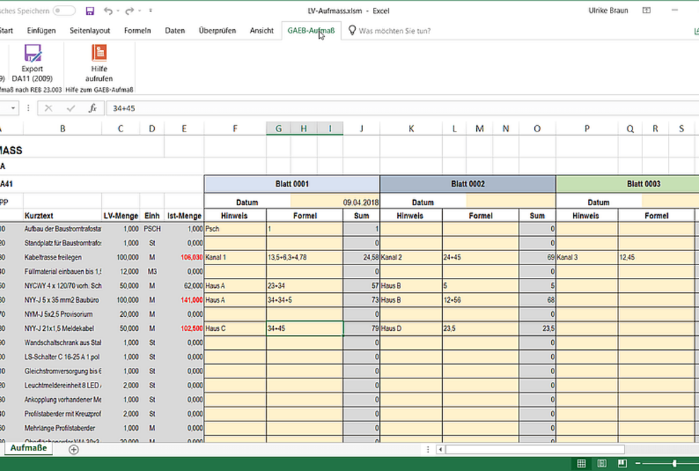 GAEB-Online 2018: Excel-Aufmaße nach REB 23.003