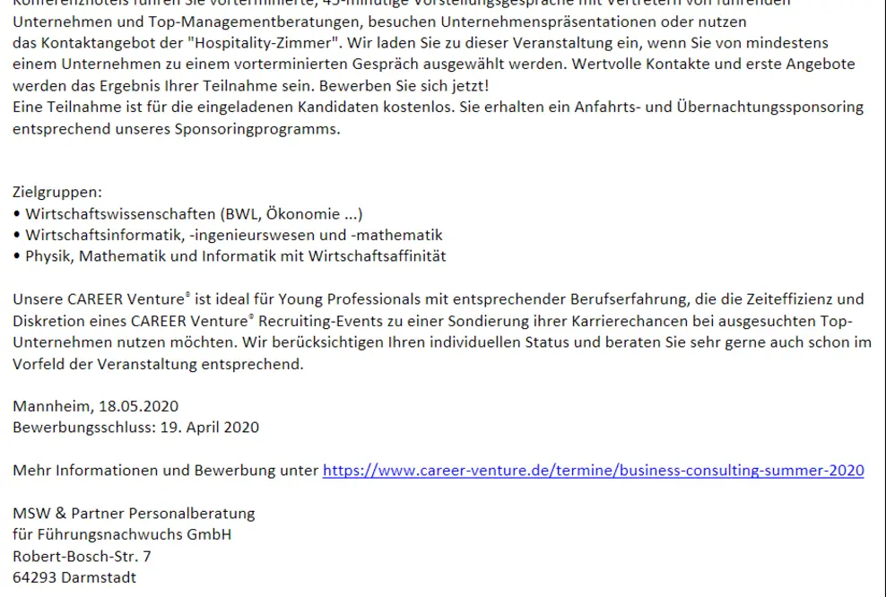 CAREER Venture business & consulting summer 2020 - Jetzt bewerben und zahlreiche Top-Unternehmen am 18. Mai 2020 in Mannheim kennenlernen