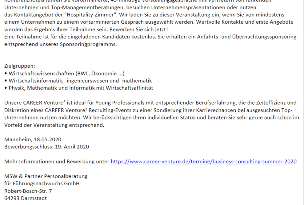 CAREER Venture business & consulting summer 2020 - Jetzt bewerben und zahlreiche Top-Unternehmen am 18. Mai 2020 in Mannheim kennenlernen