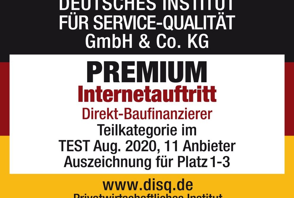 Direkt-Baufinanzierer DISQ-Studie: Premium-Auszeichnung für DTW | Immobilienfinanzierung