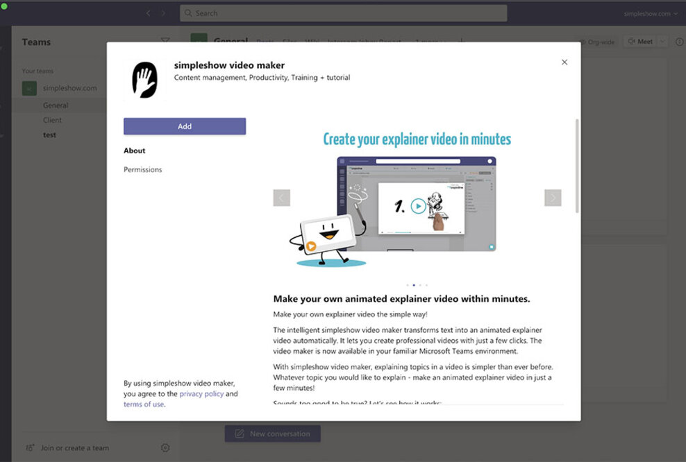 simpleshow video maker ermöglicht Erstellung animierter Erklärvideos direkt in Microsoft Teams