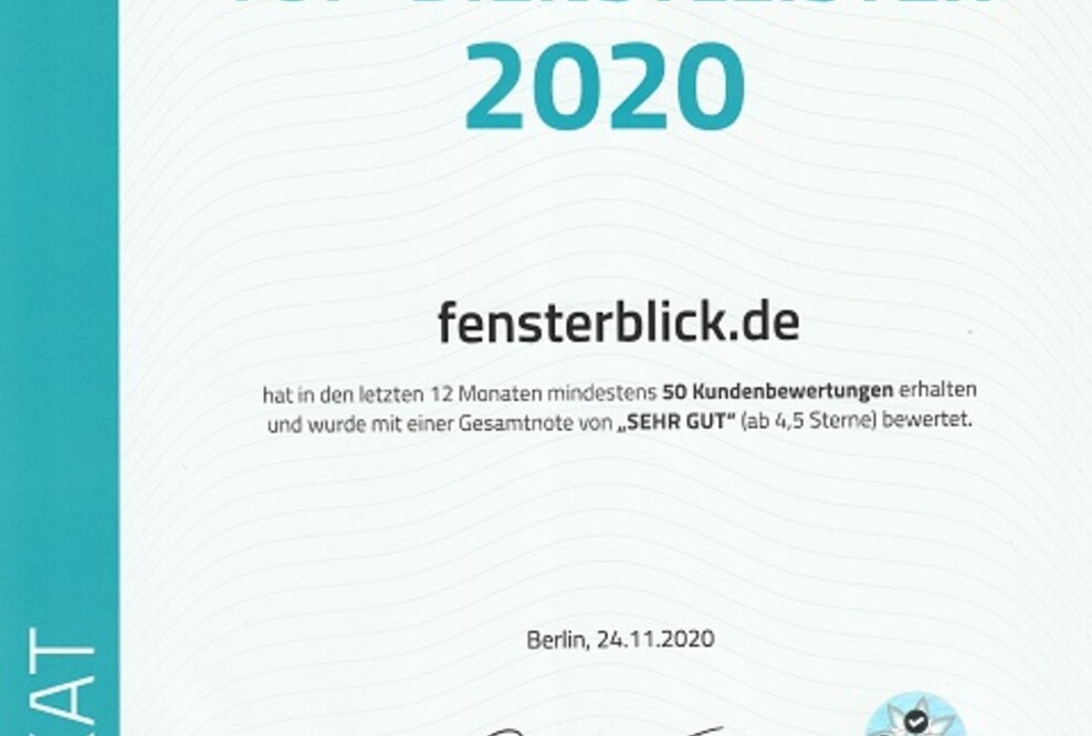Fensterblick als TOP-DIENSTLEISTER 2020 von ProvenExpert ausgezeichnet