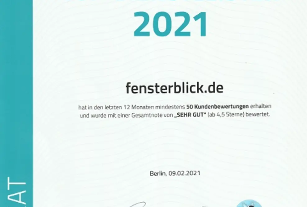Fensterblick als TOP-DIENSTLEISTER 2021 von ProvenExpert ausgezeichnet