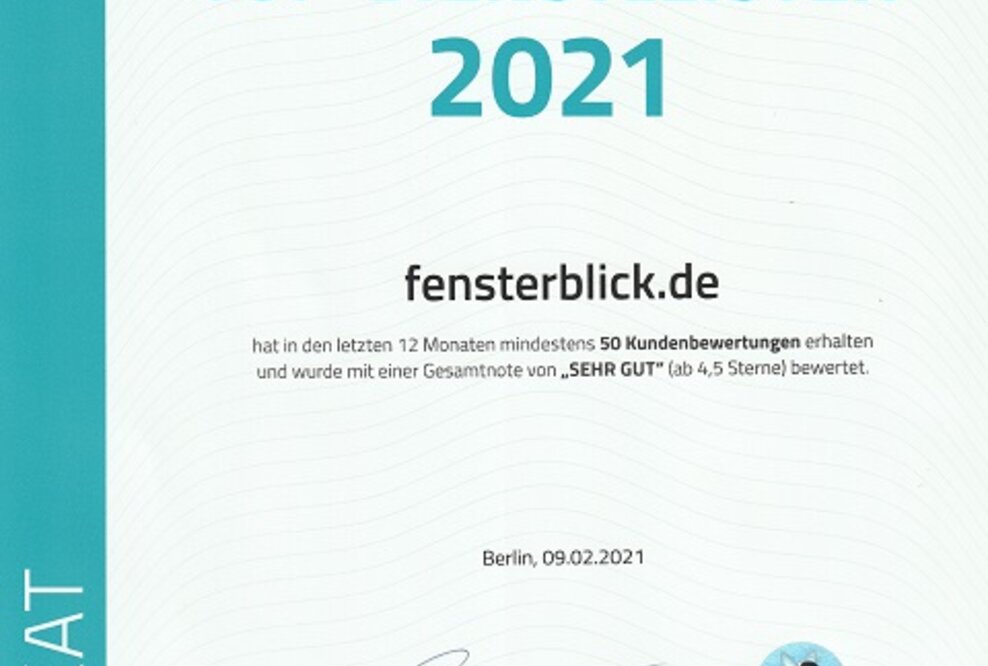 Fensterblick als TOP-DIENSTLEISTER 2021 von ProvenExpert ausgezeichnet