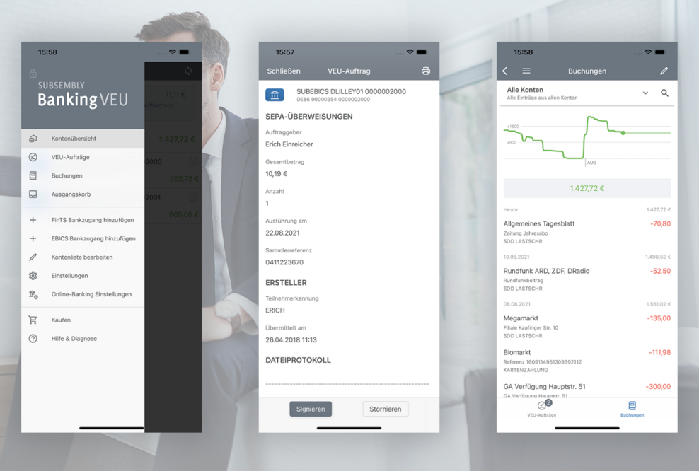 BankingVEU ermöglicht die Verteilte Elektronische Unterschrift via EBICS und SRZ Freigaben via FinTS.