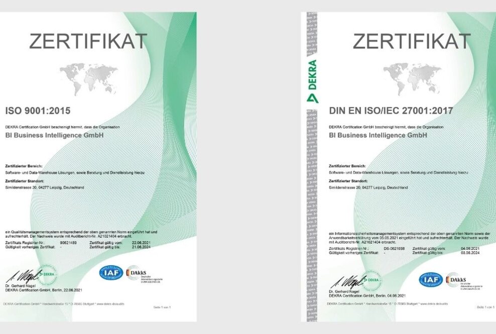 BI Business Intelligence GmbH erfolgreich zertifiziert nach ISO 9001:2015 und DIN EN ISO/IEC 27001:2017