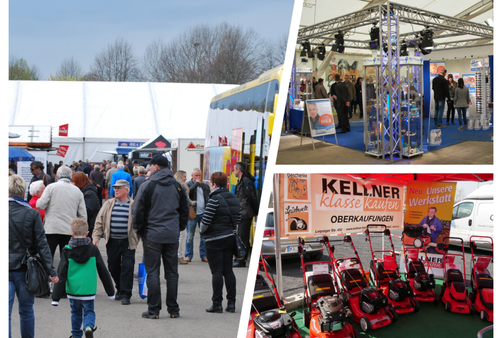 Menschen und Stände auf einer Gewerbeschau