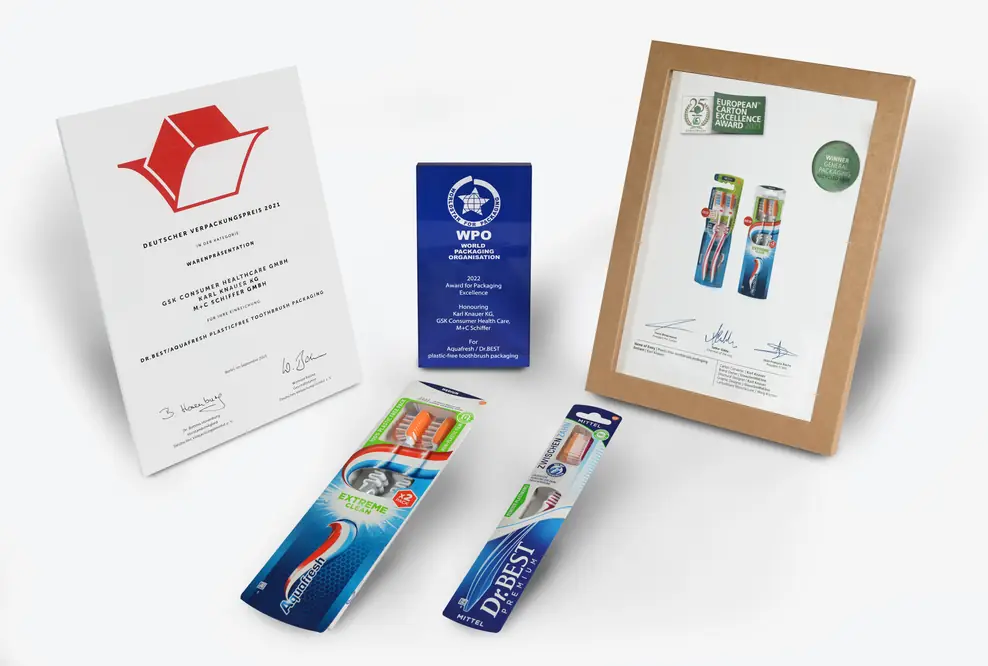 Die plastikfreie Zahnbürstenverpackung wurde nach dem Deutschen Verpackungspreis und dem European Carton Excellence Award nun auch mit dem WorldStar Award ausgezeichnet.