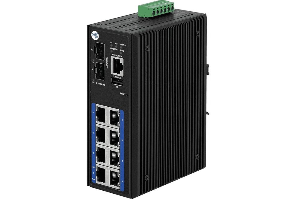 Industrial managed 10 Gigabit Ethernet High PoE Switch nach IEEE 802.3at/af Standard für 12V DC bis 55V DC Umgebungen