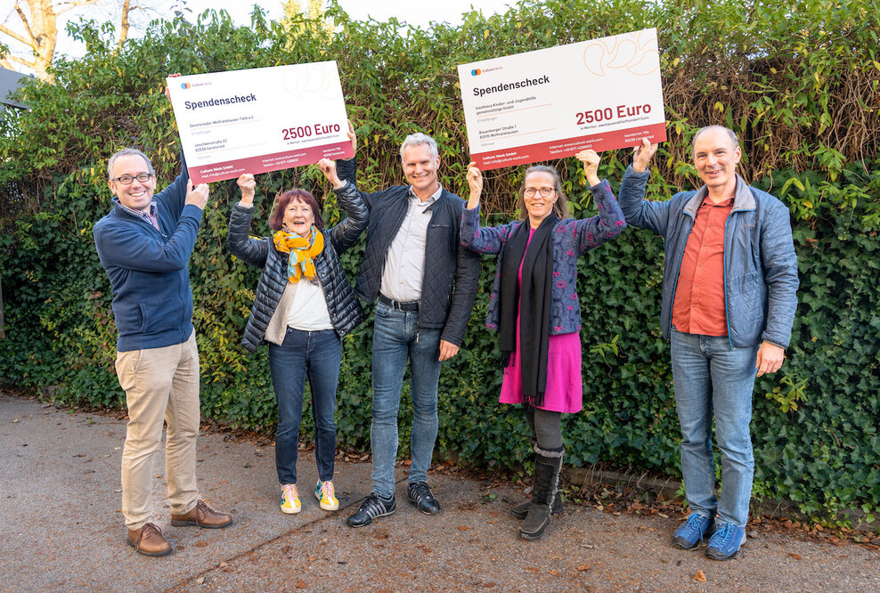 Fröhliche Spendenübergabe: (v. li.) Tim Kalbitzer (Senior Coach & Head of CRM, Culture Work GmbH), Heidemarie Ritter (1. Vorsitzende, Geretsrieder-Wolfratshauser-Tafel e.V.), Dr. Bernd Müssig (Geschäftsführer, Culture Work GmbH), Elke Burghardt (Assistentin der Geschäftsführung und Öffentlichkeitsarbeit, Inselhaus Kinder- und Jugendhilfe gemeinnützige GmbH) und Peter Neuhaus (Senior Coach, Culture Work GmbH)