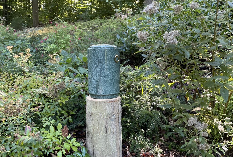 Urne auf einem Baumstamm in der Waldlichtung in Braubach