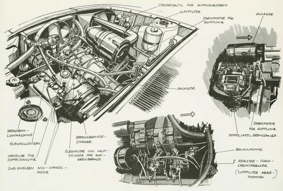 Designzeichnung des Zweischeiben-Kreiskolbenmotors im NSU Ro 80.