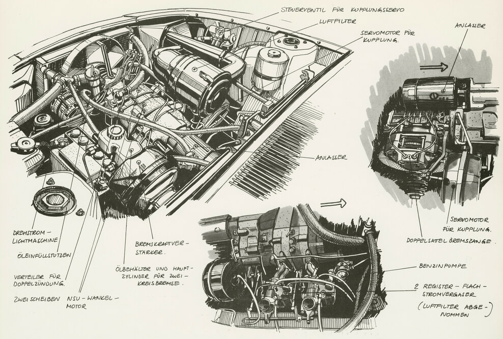 Designzeichnung des Zweischeiben-Kreiskolbenmotors im NSU Ro 80.