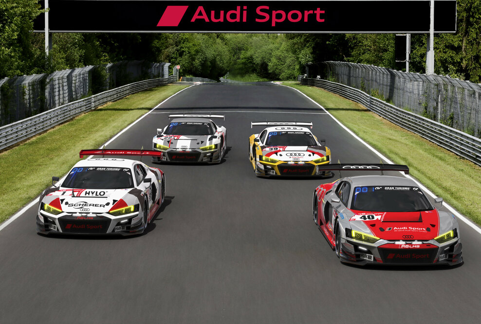Audi R8 LMS #40 (Audi Sport Team Scherer PHX), Mike Rockenfeller/Timo Scheider/Martin Tomczyk; Audi R8 LMS #1 (Audi Sport Team Scherer PHX), Mattia Drudi/Ricardo Feller/Dennis Lind/Frédéric Vervisch; Audi R8 LMS #39 (Audi Sport Team Land), Christopher Haase/Christopher Mies/Patric Niederhauser; Audi R8 LMS #22 (Audi Sport Team Car Collection), Luca Engstler/Max Hofer/Gilles Magnus/Dennis Marschall