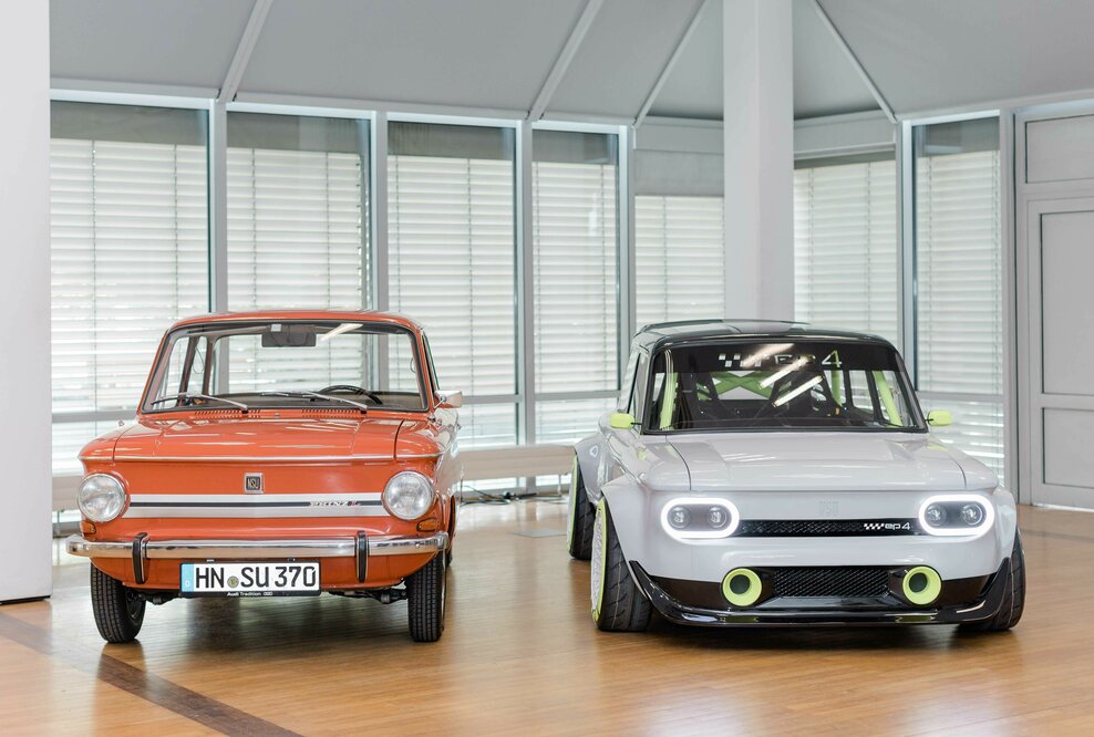 Zum 150-jährigen Jubiläum der Marke NSU enthüllen Auszubildende von Audi Neckarsulm einen NSU Prinz, den sie zu einem Elektroauto umgebaut haben.