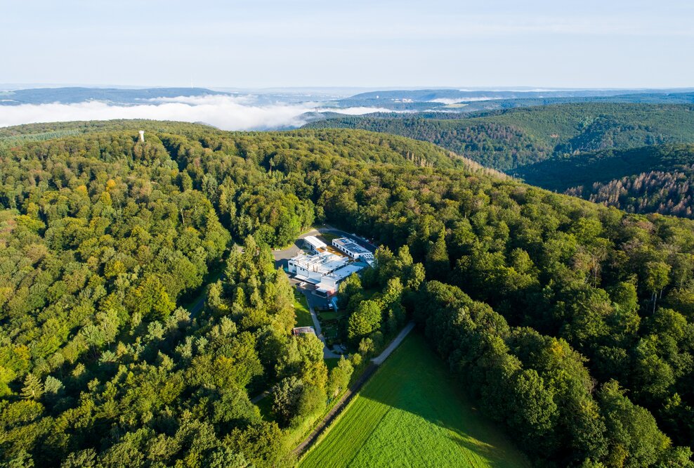 Luftbildaufnahme des im Wald gelegenen Krematoriums