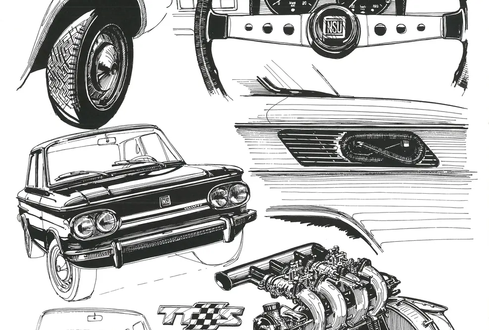 Eine Zeichnung mit Details von NSU TT und NSU TTS.
