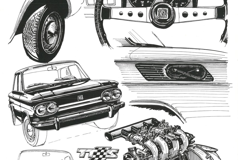 Eine Zeichnung mit Details von NSU TT und NSU TTS.