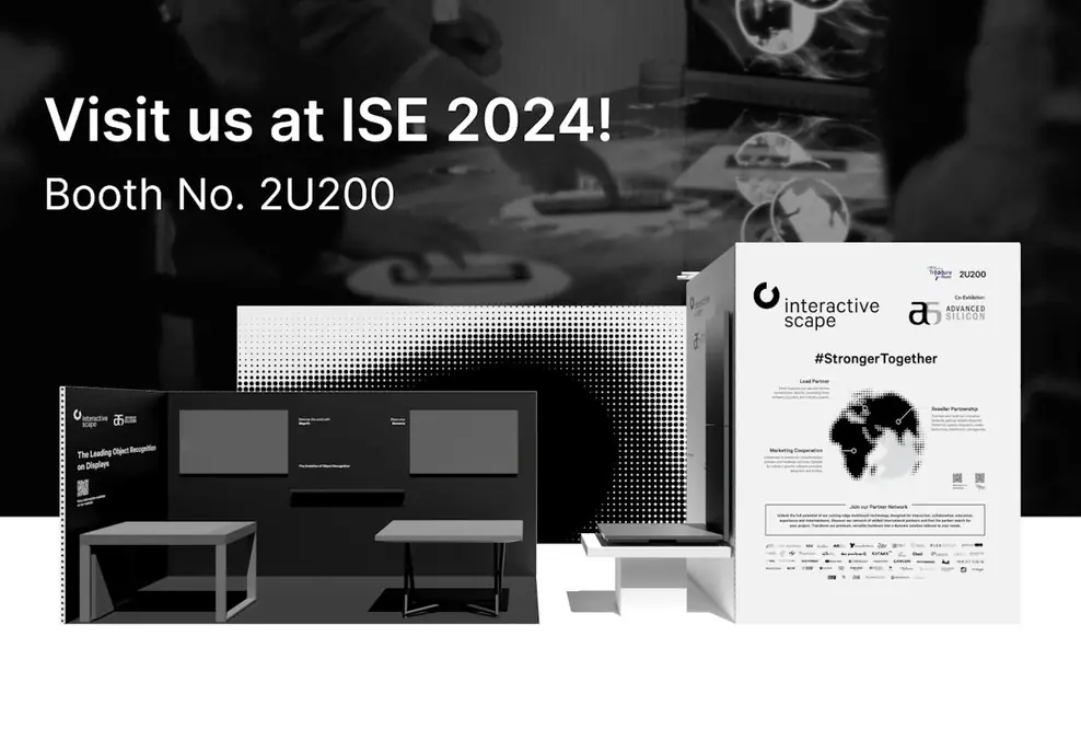 3D-Darstellung des Booths No. 2U200 in Halle 2, welches sich Interactive Scape und Advanced Silicon teilen.