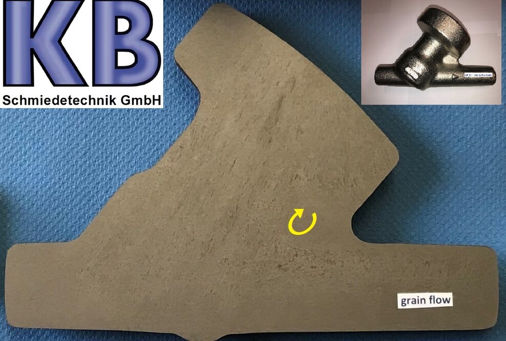 Aufgesägtes Schmiedestück um den Faserverlauf zu zeigen (en: grain flow). Der Faserverlauf zeigt auf einer polierten und geätzten Schnittfläche die Ausrichtung der Kristallite (Körner).