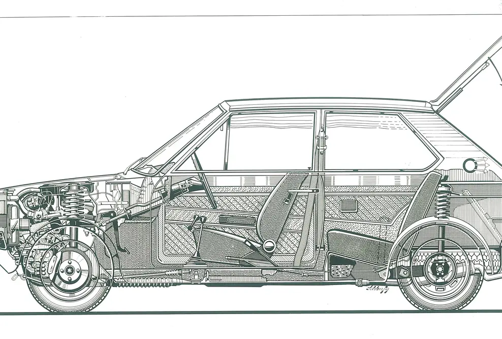 Eine so genannte Röntgenzeichnung des Audi 50. Vor 50 Jahren kommt der erste deutsche Kleinwagen auf den Markt