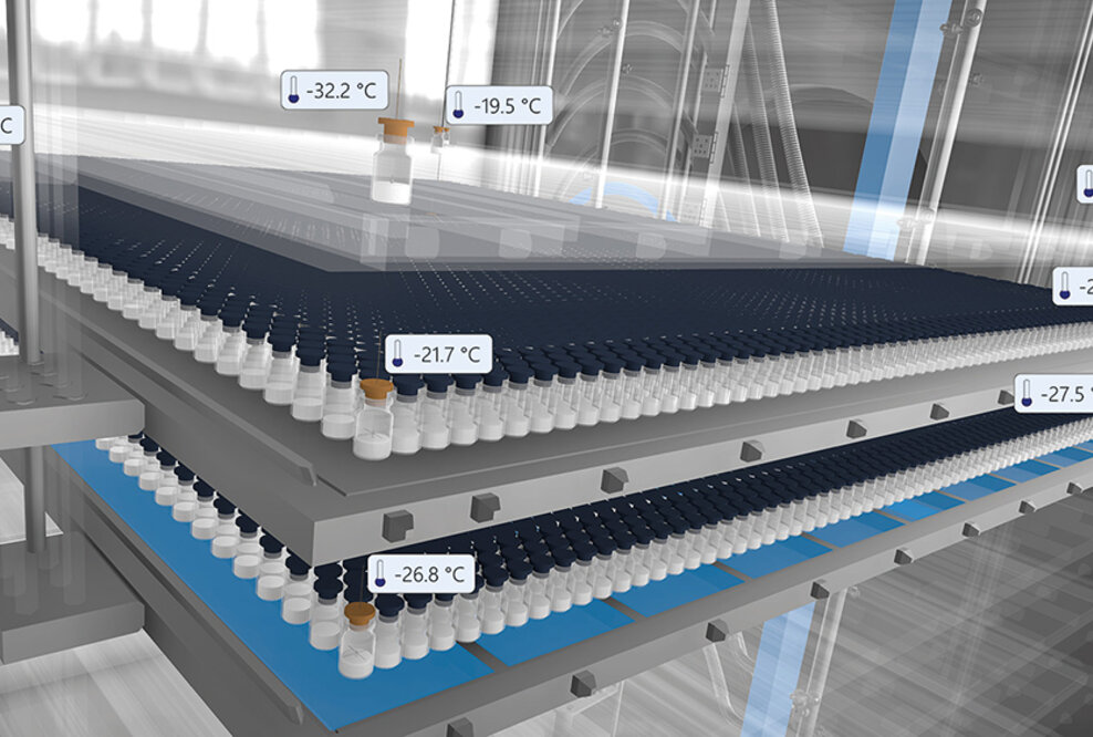 Modell eines Gefriertrockners mit Vials und Temperaturen bei den Sensoren
