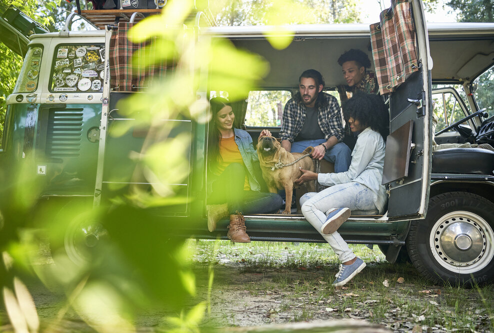 Freunde mit Hund in einem Van