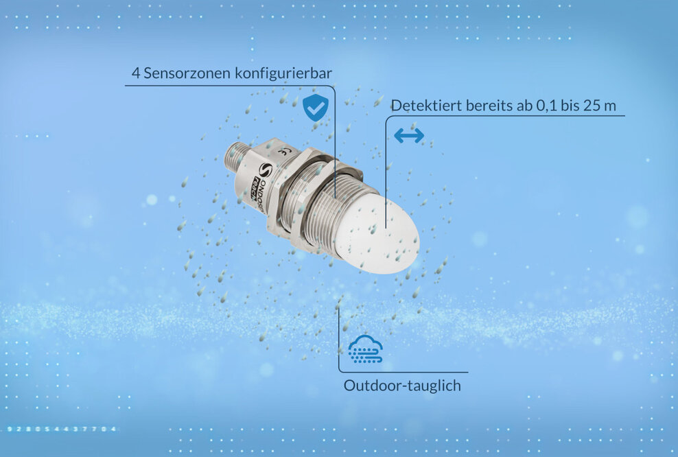Der robuste Anti-Kollisionsradar OndoSense reach WA bietet bis zu 4 Sensorzonen und detektiert Objekte bereits ab 0,1 und bis 25 Meter. 