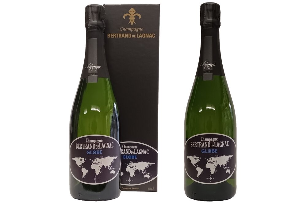 Die Flasche Bertrand de Lagnac Globe Brut mit und ohne Gechenkverpackung