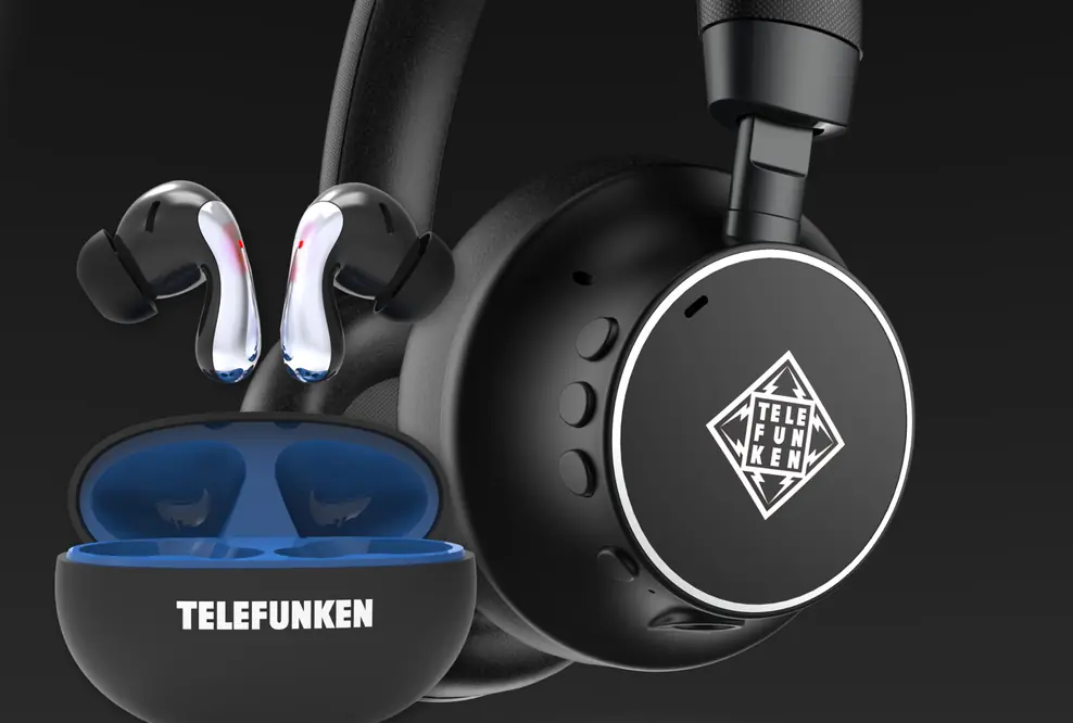 Over-Ear Kopfhörer im Hintergrund und Earbuds im Vodergrund mit jeweils TELEFUNKEN-Logo