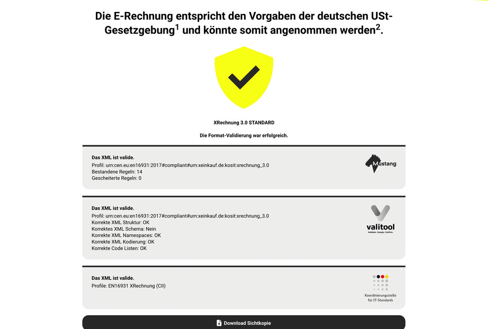 portinvoice.com - Ergebnisansicht der Validierung einer XRechnung