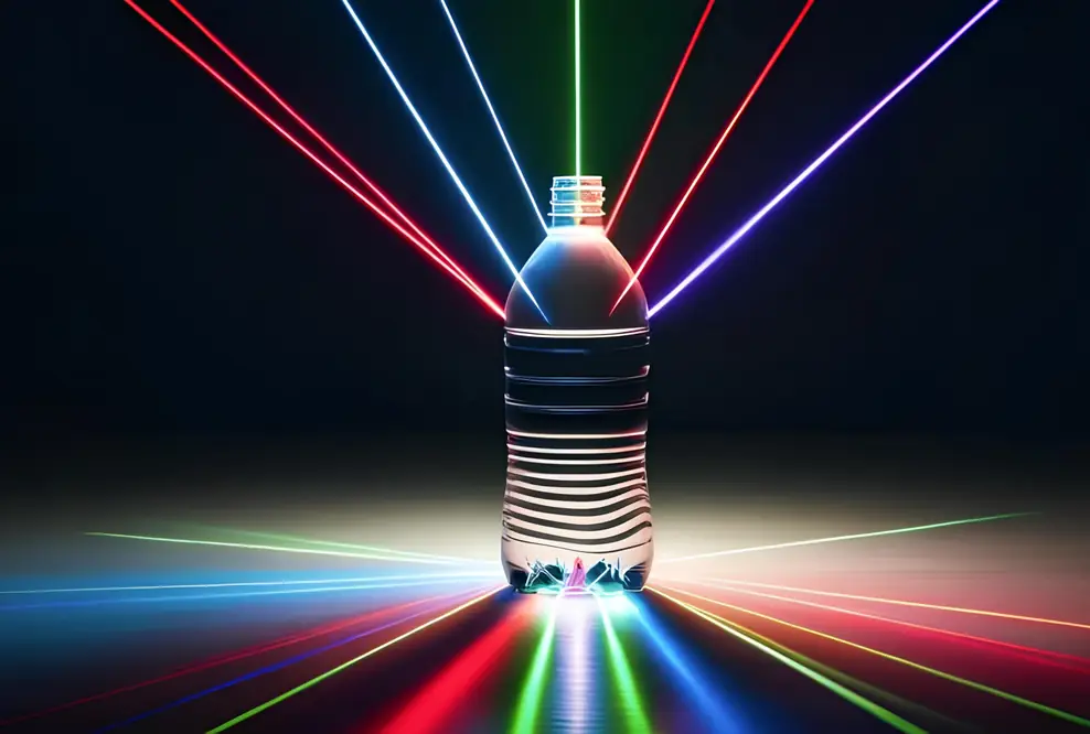 Visualisierung einer Plastikflasche, die von Lasern bestrahlt wird.