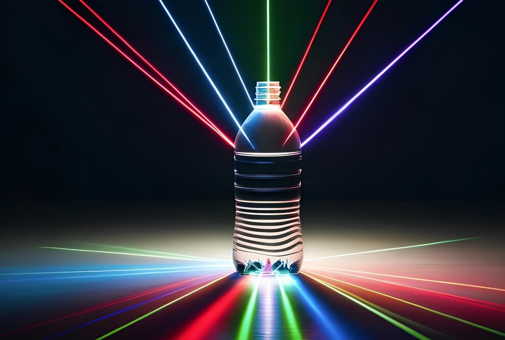 Visualisierung einer Plastikflasche, die von Lasern bestrahlt wird.
