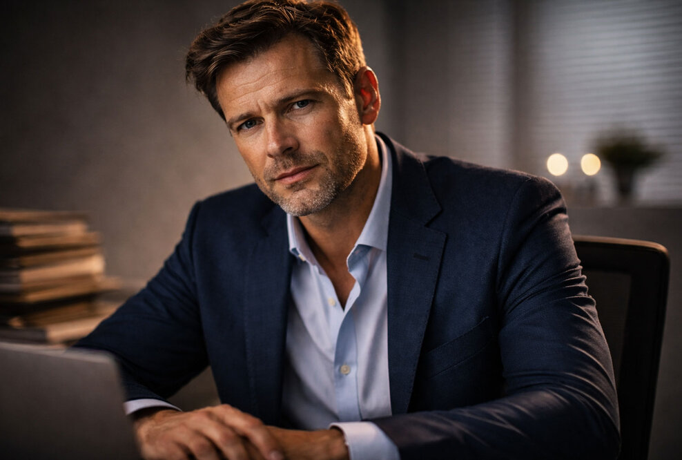 Unternehmer mit angespannter, konzentrierter Mimik blickt direkt in die Kamera