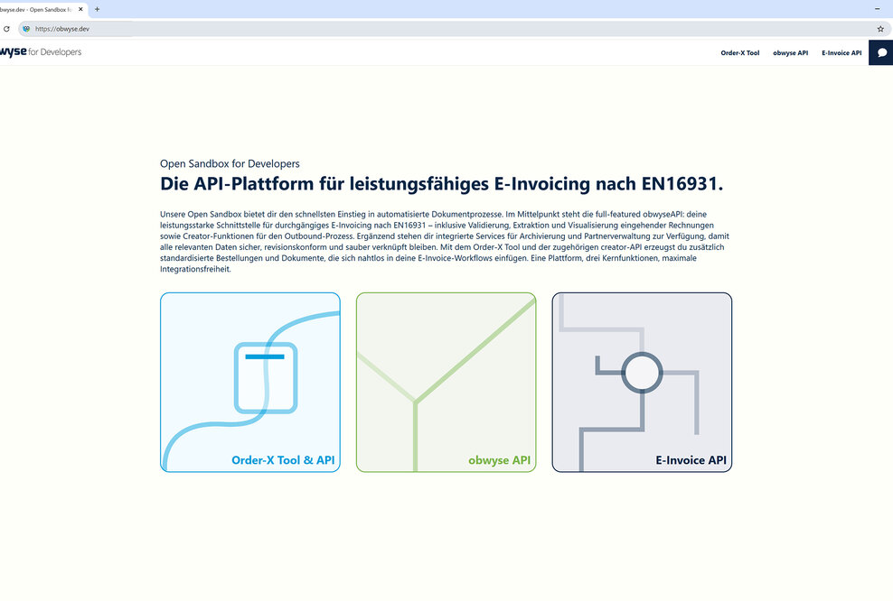 Das Bild zeigt die Startseite des Developer-Portals obwyse.dev mit dem kostenlosen Order-X-Tool, der frei verfügbaren Sandbox zum Testen der API-Collection und den E-Invoice-Endpunkten
