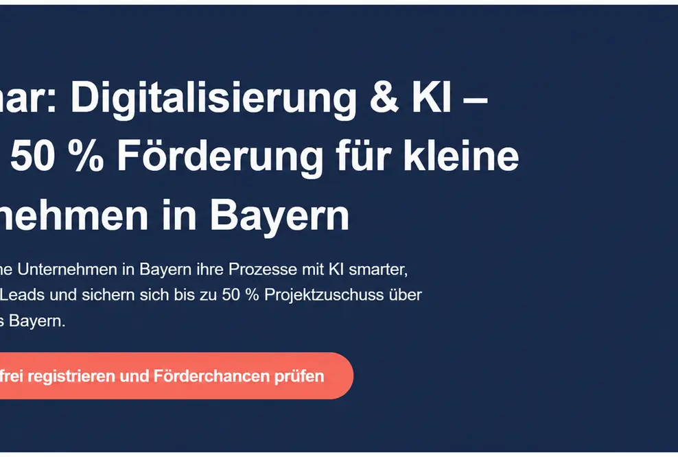Webinar-Banner von Fink Digital und Studio 9 mit zwei Referenten. Thema: KI für bessere Erreichbarkeit, Prozesse, Leads und IT-Sicherheit sowie bis zu 50 % staatlicher Zuschuss. Termin: 15.07.2026 um 10:00 Uhr.