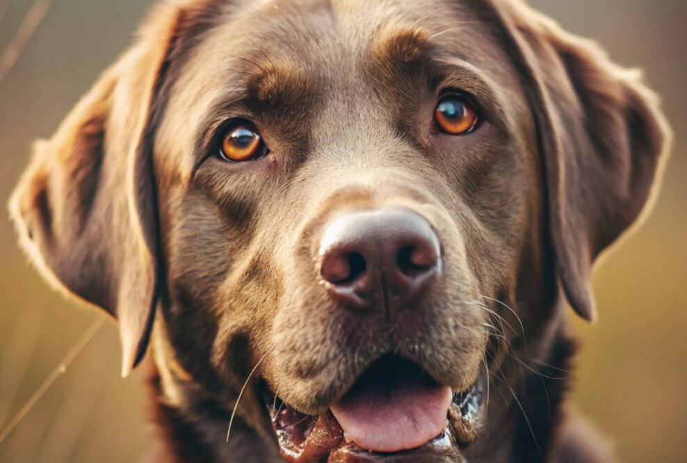 Schokoladenbrauner Labrador Retriever – der tierische Botschafter für den Online-Zoofachhandel Petkomfort.