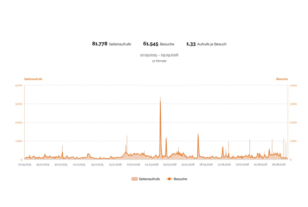 TRENDKRAFT Metrics mit Seitenaufrufen als Balken, Besuchen als Linie und zusammengefassten Nutzungskennzahlen.