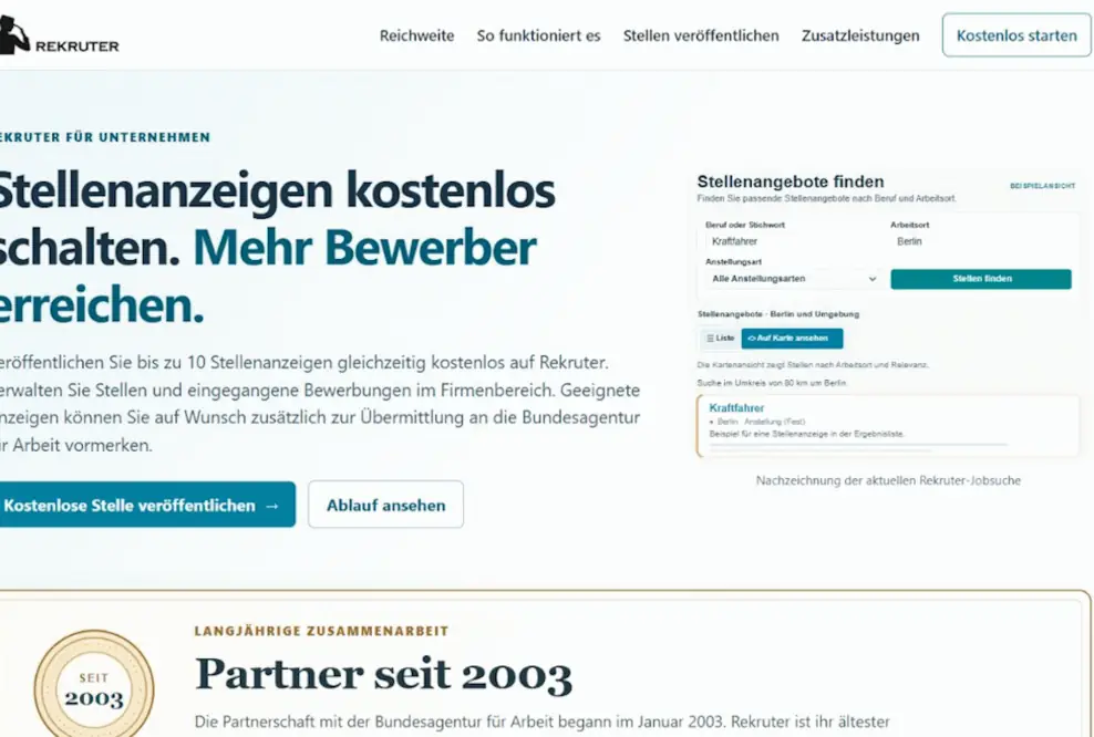 Die Unternehmensseite zeigt den kostenlosen Einstieg und die Rekruter-Jobsuche. Zehn Anzeigen sind das kostenlose Grundkontingent.