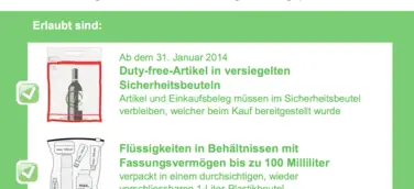 Ge­än­der­te Re­ge­lun­gen für die Mit­nah­me von Flüs­sig­kei­ten im Hand­ge­päck auf Flug­rei­sen