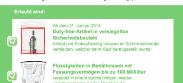 Ge­än­der­te Re­ge­lun­gen für die Mit­nah­me von Flüs­sig­kei­ten im Hand­ge­päck auf Flug­rei­sen