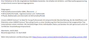 CAREER Venture business & consulting summer 2020 - Jetzt bewerben und zahlreiche Top-Unternehmen am 18. Mai 2020 in Mannheim kennenlernen
