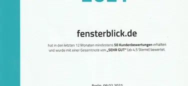 Fensterblick als TOP-DIENSTLEISTER 2021 von ProvenExpert ausgezeichnet