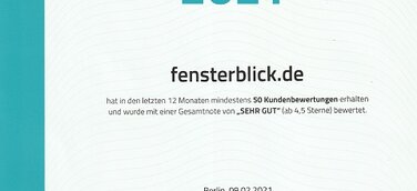 Fensterblick als TOP-DIENSTLEISTER 2021 von ProvenExpert ausgezeichnet