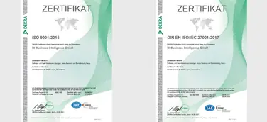 BI Business Intelligence GmbH erfolgreich zertifiziert nach ISO 9001:2015 und DIN EN ISO/IEC 27001:2017