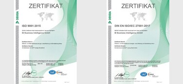 BI Business Intelligence GmbH erfolgreich zertifiziert nach ISO 9001:2015 und DIN EN ISO/IEC 27001:2017