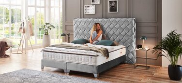 Boxspringbett Samt in Grau mit geflochtenes Kopfteil