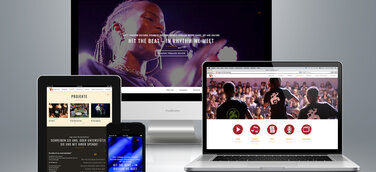 Verschiedene Seiten der Website von "Hit The Beat" im neuen Design auf verschiedenen Endgeräten.